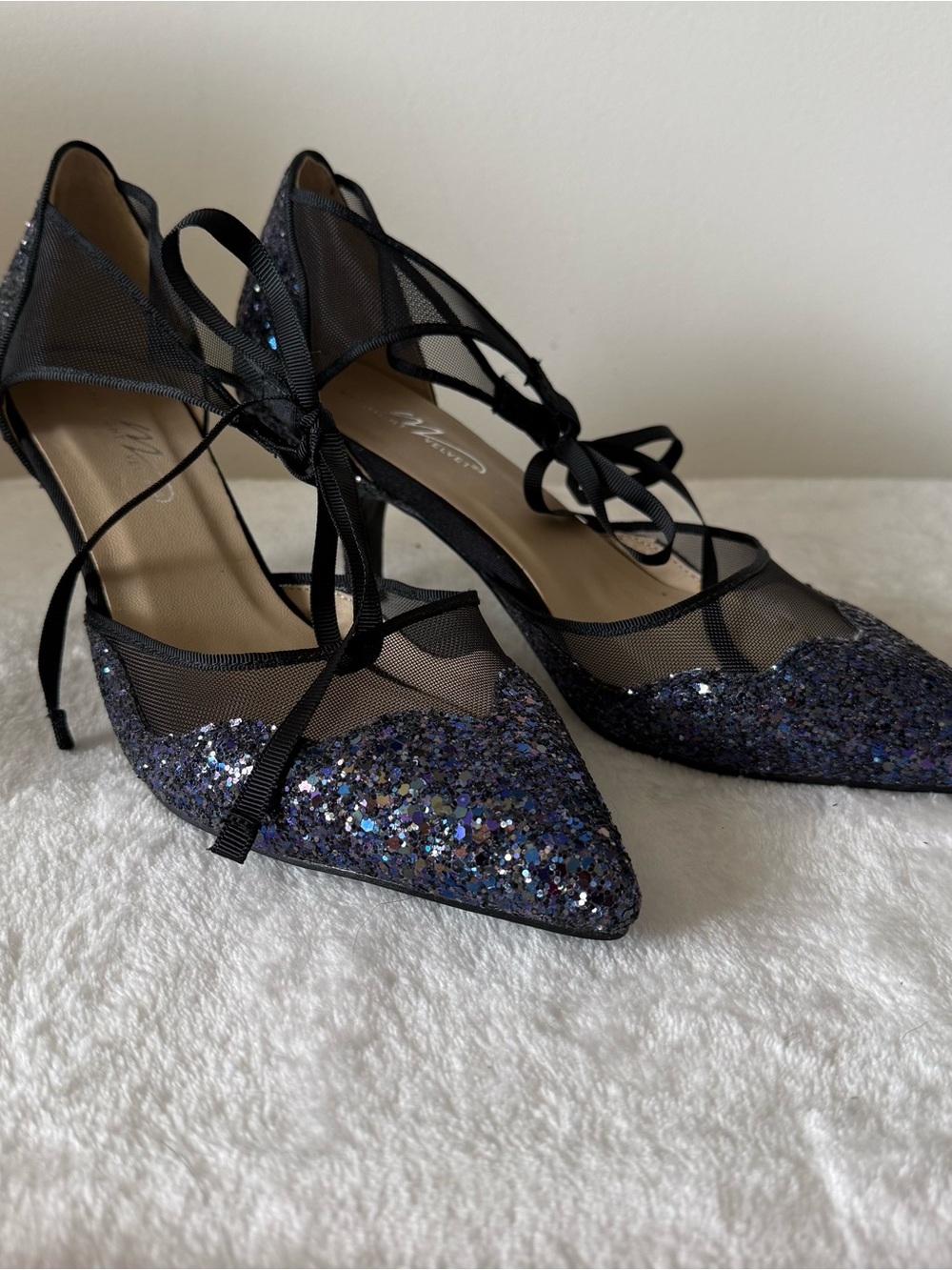 Midnight Velvet Mesh Cutout Blue Glitter Pumps Size 6M